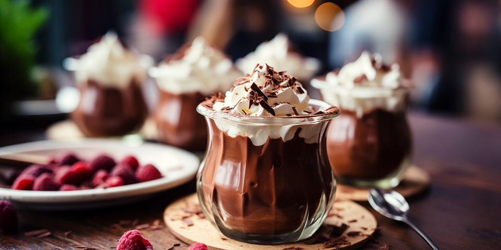 Boozy chocolate pudding cups topped with whipped cream and chocolate shavings