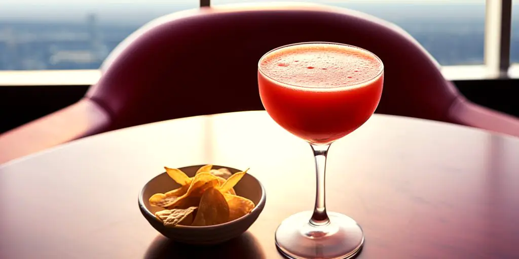 Paper Kamikaze Paper Plane cocktail variation served in an airport lounge with a bowl of potato chips