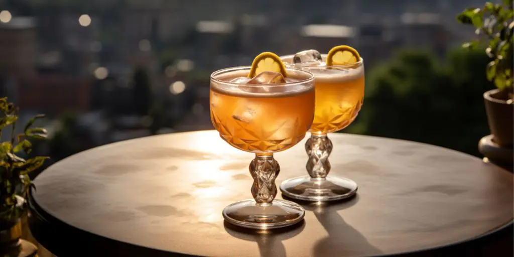 Realistic editorial style image of two two Amaretto Sour cocktails on a table outside with a typical scene in Florence on a sunny day as backdrop