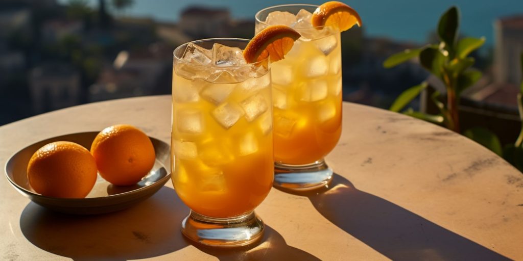 Editorial style image of two Bocce Ball cocktails on a table outside with a typical scene in Genoa on a sunny day as backdrop