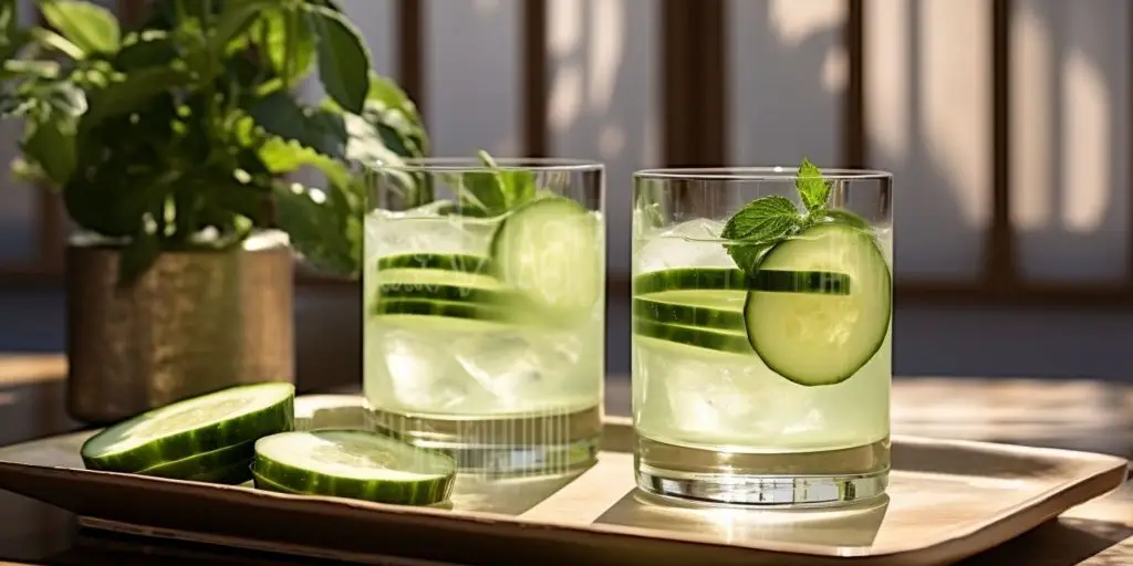 Editorial style image of two Clarified Cucumber Cleanse cocktails on a table in a light, bright minimalist courtyard in daytime