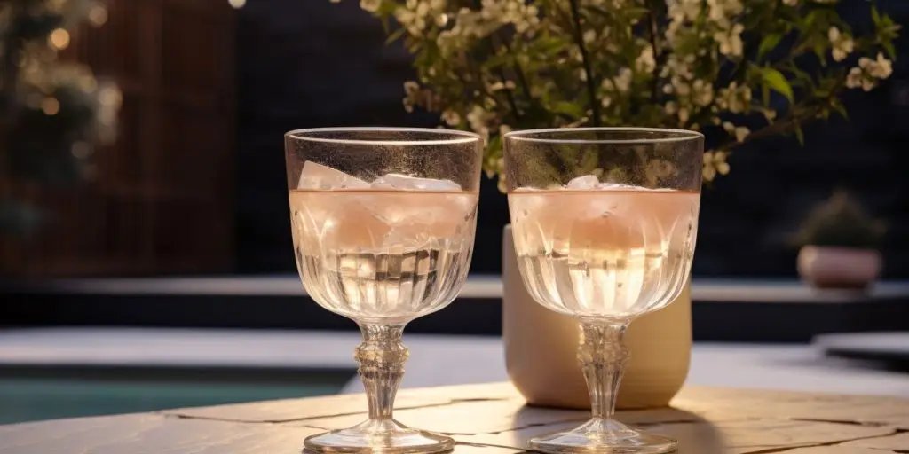 Editorial style image of two Clarified Holiday Eggnog Punch cocktails on a table next to a pool in a light, bright minimalist courtyard in daytime with Christmas light decorations 