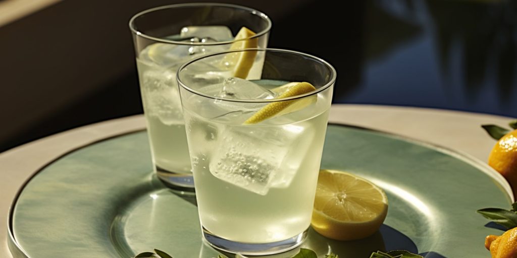 Editorial style image of two Clarified Margarita cocktails on a table in a light, bright minimalist courtyard in daytime 