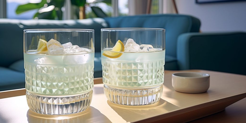 Editorial style image of two Clarified Milk Punch cocktails on a table in a light, bright minimalist home interior in shades of blue 