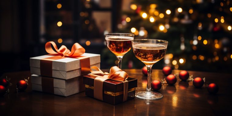 Two festive cocktails posed next to Cocktail Gift Sets in a home lounge decorated for Christmas