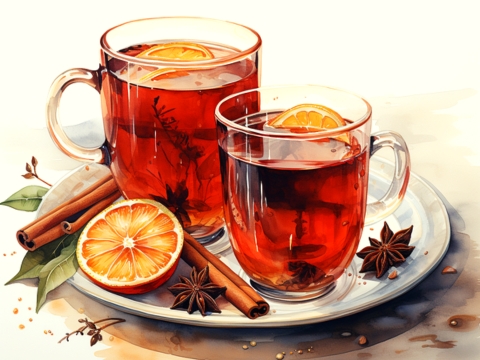 Color illustration of two mugs of Non-Alcoholic Mulled Apple Cider