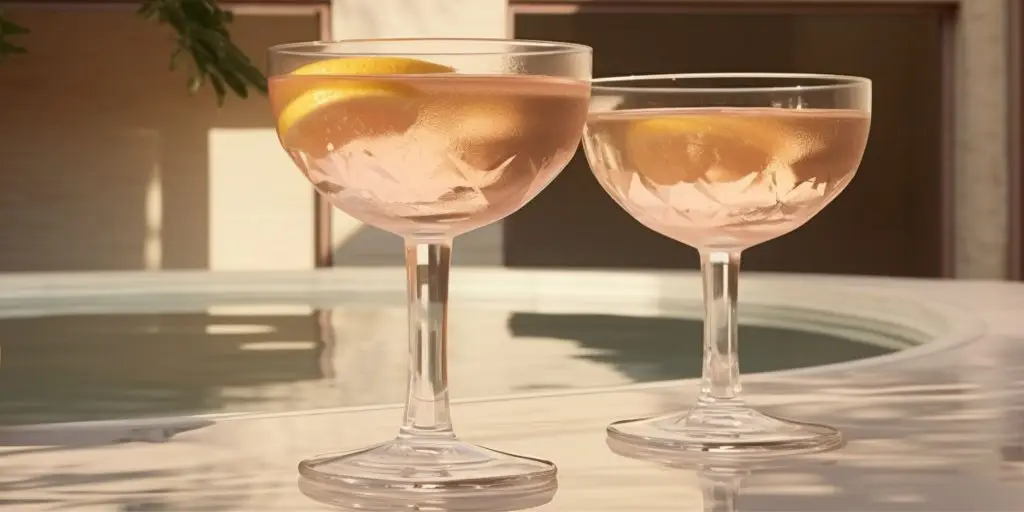 Editorial style image of two Earl Grey & Lemon Clarified Milk Punch cocktails on a table in a light, bright minimalist courtyard in daytime