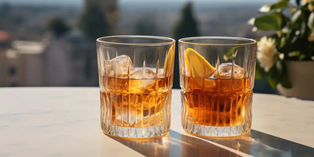 Realistic editorial style image of two French Connection cocktails on a table outside with a typical scene in Venice on a sunny day as backdrop