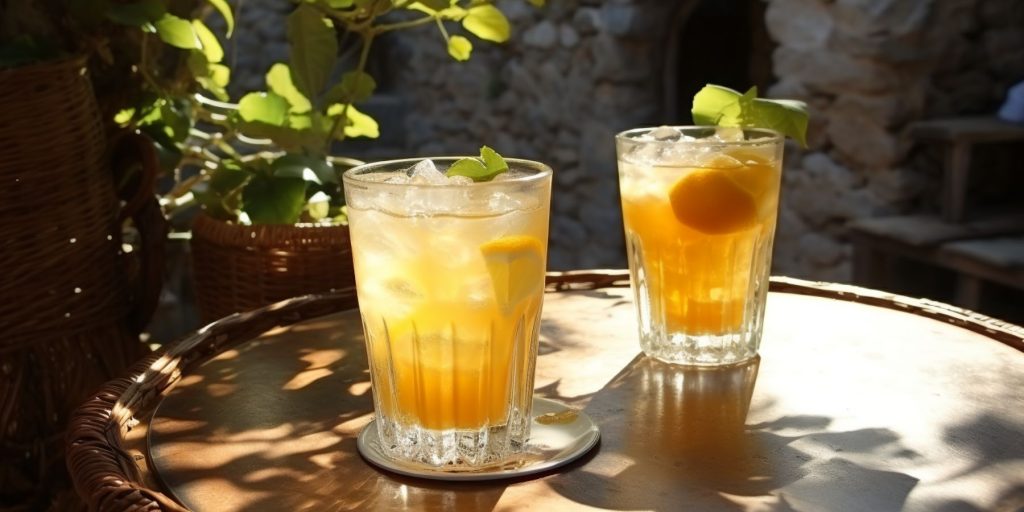 Editorial style image of two Greek Doctor cocktails on a table outside in a traditional Greek courtyard on a sunny day, dappled light
