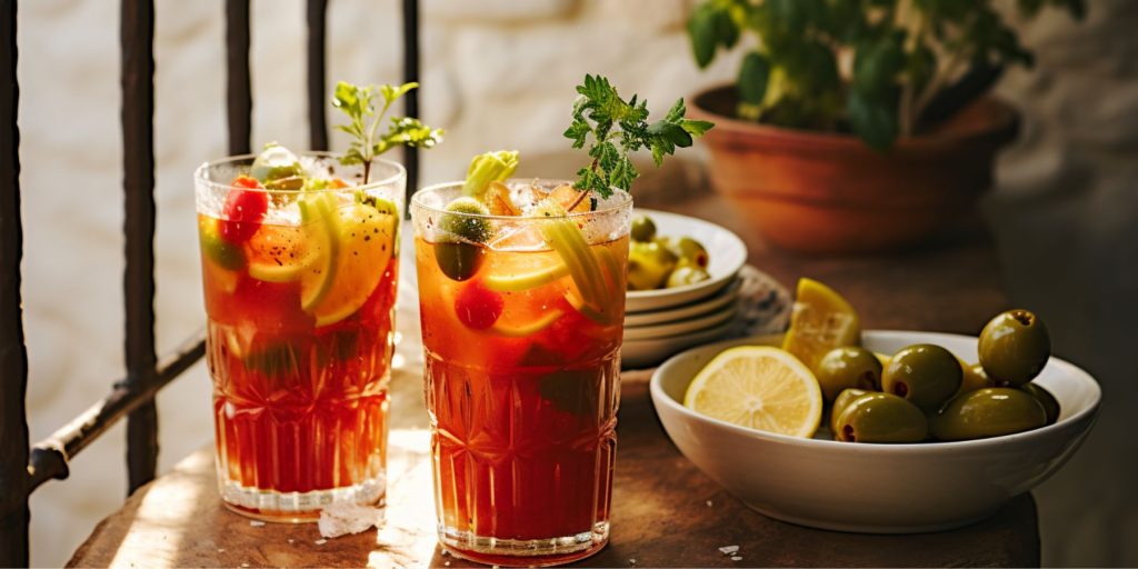 Editorial style image of two Greek Salad Bloody Mary cocktails on a table in a modern Greek style home interior