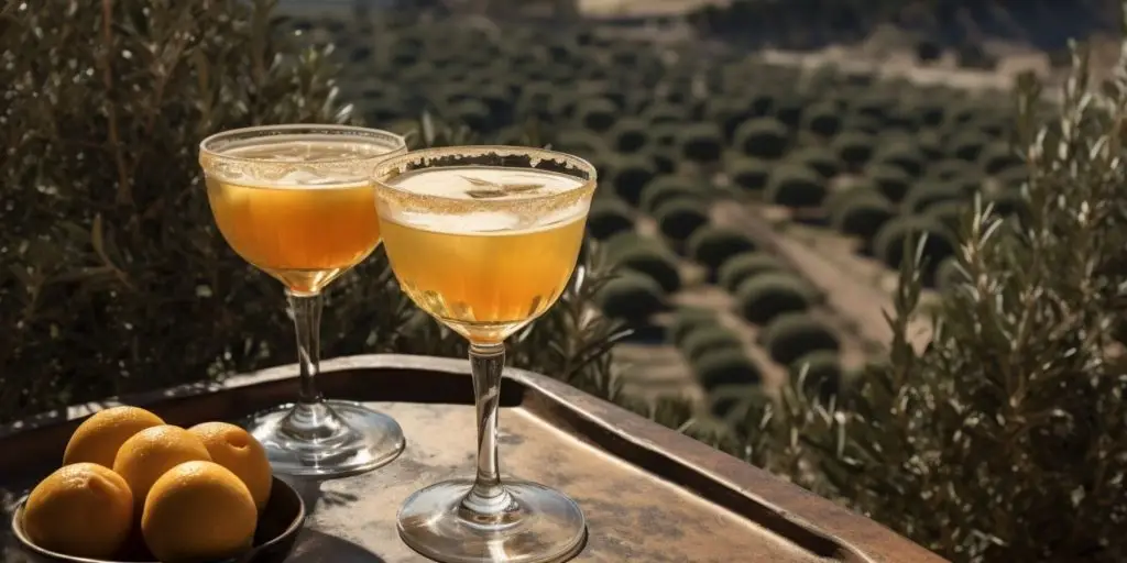 Editorial style image of two Greek Sidecar cocktails on a table outside on a sunny day overlooking a beautiful view of a Greek olive farm