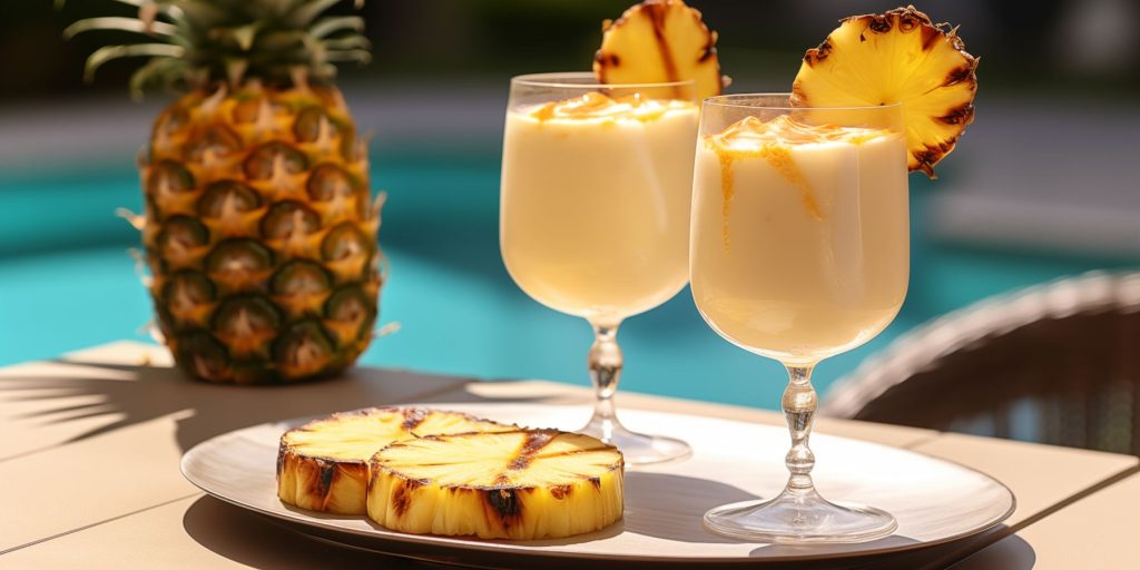 Two Grilled Pineapple Pina Colada next to a pool on a sunny day