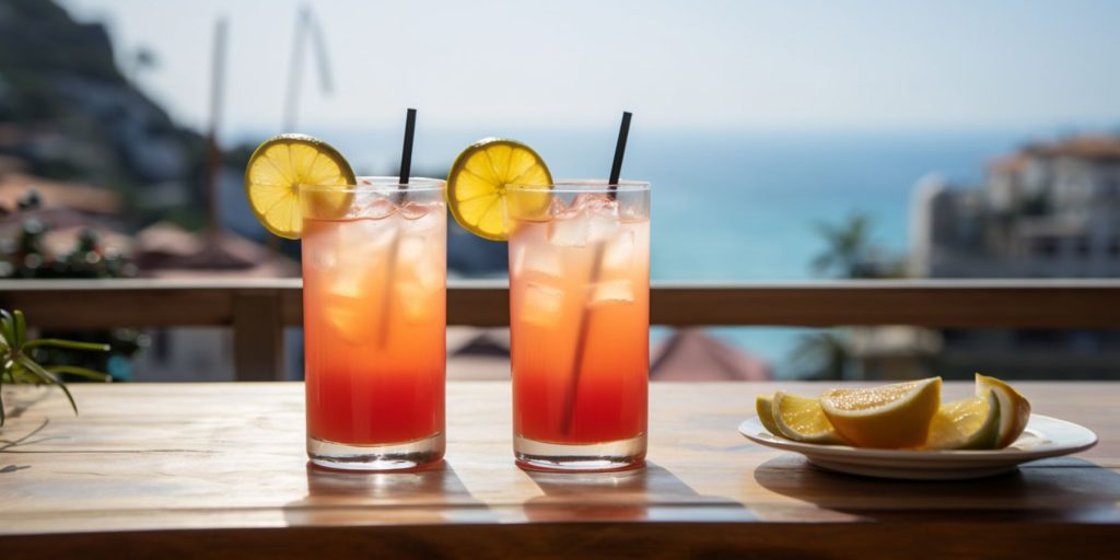Editorial style image of two Italian Breeze cocktails on a table outside with a typical scene in Cinque Terre on a sunny day as backdrop 