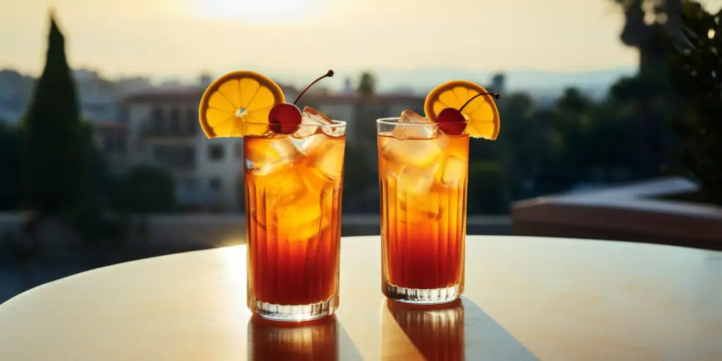 Realistic editorial style image of two Italian Sunrise cocktails on a table outside with a typical scene in Sienna on a sunny day as backdrop