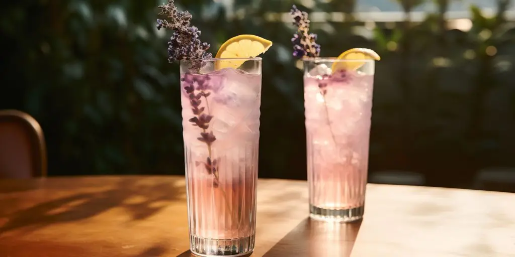 Two Lavender Tom Collins cocktails on a table outside in a garden on a sunny day