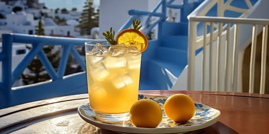 Editorial style image of two Winter Solstice cocktails on a table overlooking a Greek island staircase on a sunny day 