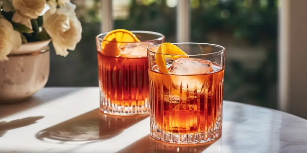 Two Negroni Sbagliato cocktails on a table in a home kitchen on a sunny day