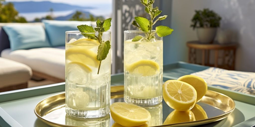 Editorial style image of two Ouzo Lemonade cocktails on a table in a modern Greek style home interior
