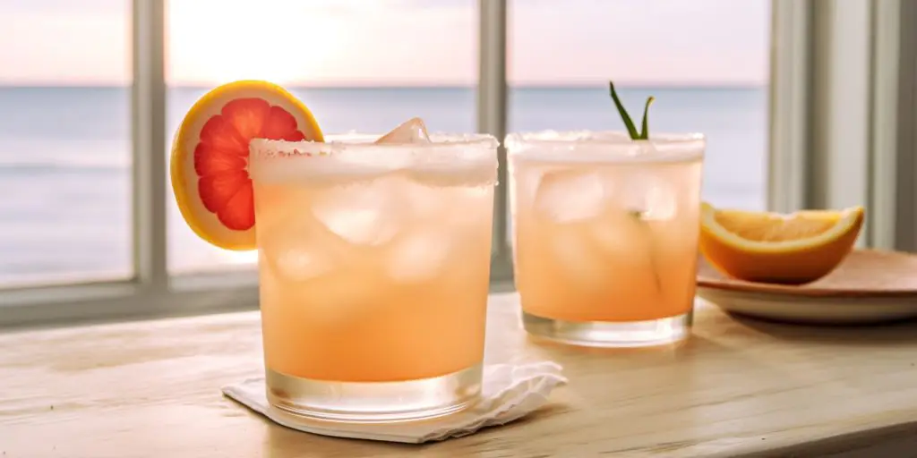 Two Paloma cocktails on a window sill in a beach house overlooking an ocean scene outside