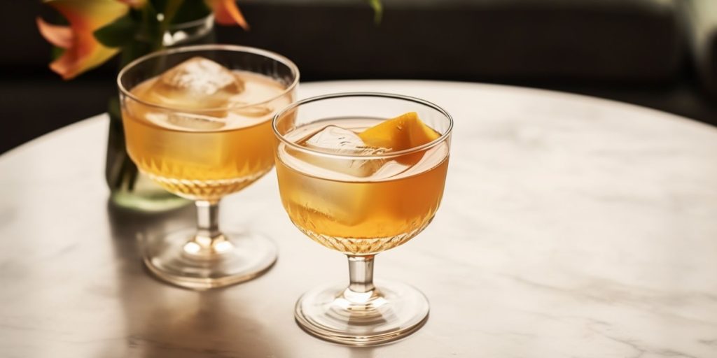 Two Penicillin cocktails on a table in a home lounge on a sunny day