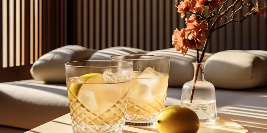 Editorial style image of two Piña Colada Milk Punch cocktails on a table in a light, bright minimalist home interior in natural shades and textures