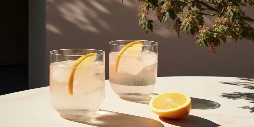 Editorial style image of two Pineapple Clarified Milk Punch cocktails on a table in a light, bright minimalist courtyard in daytime