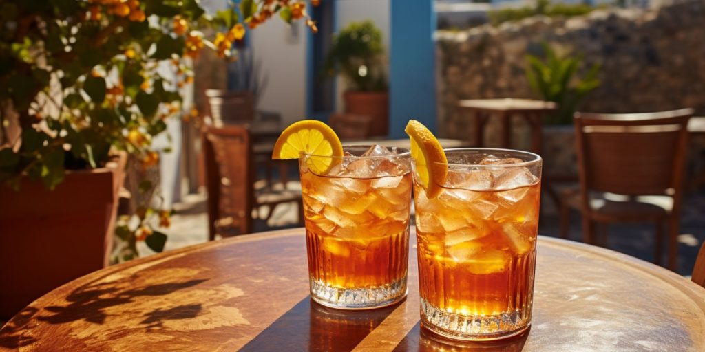 Editorial style image of two Santorini Sunrise cocktails on a table outside in a traditional Greek courtyard on a sunny day, dappled light
