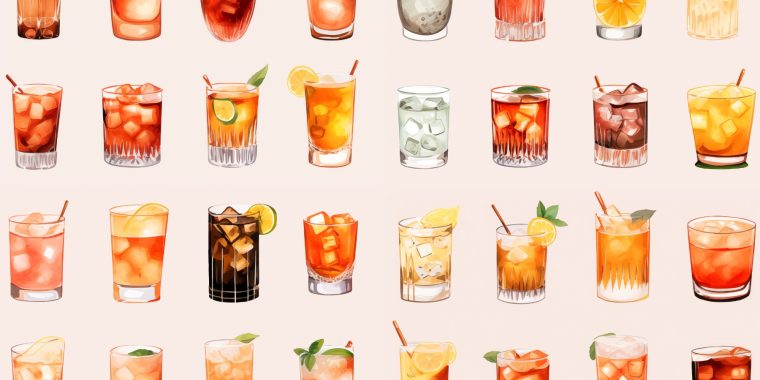 Classic colour illustrations of whiskey mixers in a repetitive pattern