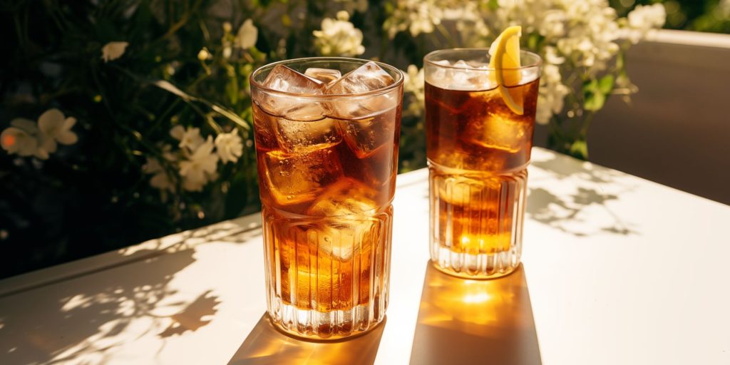 Two glasses of whiskey and cola on a table outside in a garden space on a sunny day