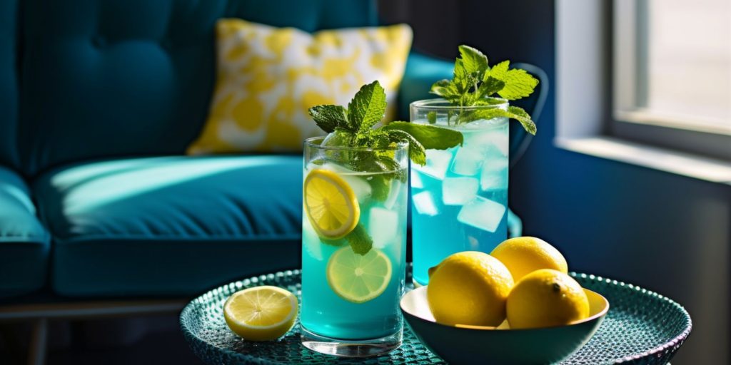 Editorial style image of two Blue Raspberry Lemonades on a table in a modern home lounge decorated in shades of blue