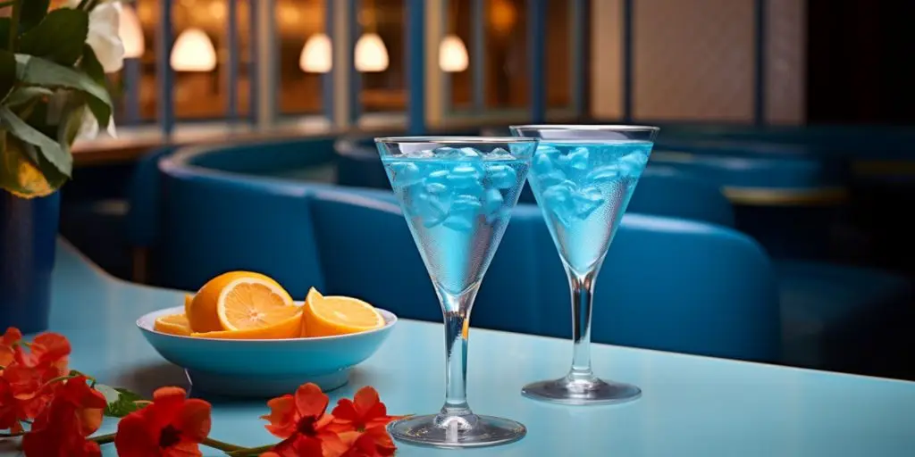 Editorial style image of two Blue Shoe Mocktails on a table inside a modern restaurant with a blue interior