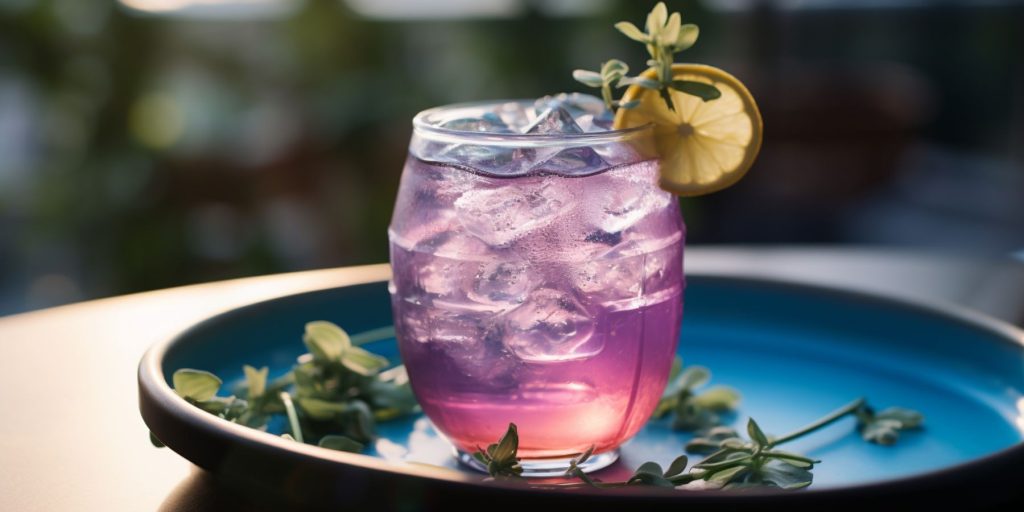 Editorial style image of two Blue Sparkler Mocktails on a table outside in a garden with purple flowers blooming 