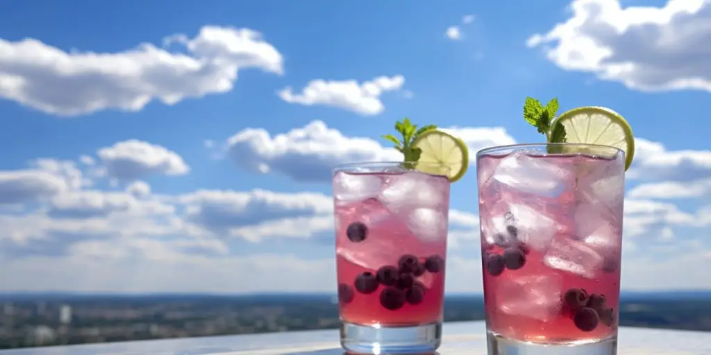 Editorial style image of two Blueberry Mojito Mocktails on window sill overlooking a bright blue sky with white clouds outside 