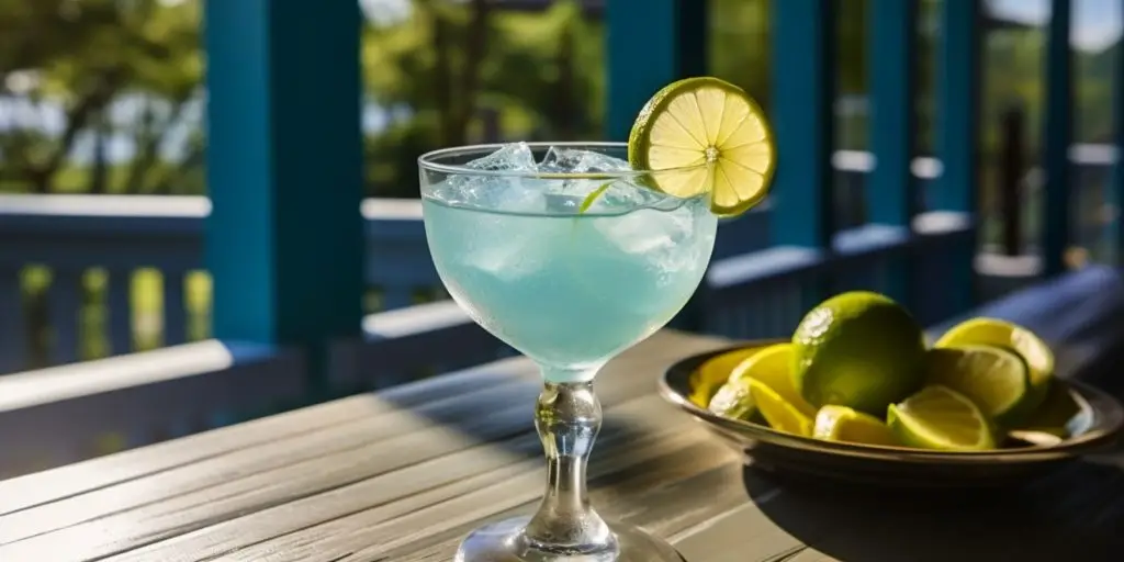 Editorial style image of two Virgin Blue Margarita Mocktails on a table outside on a veranda decorated in shades of blue on a sunny day