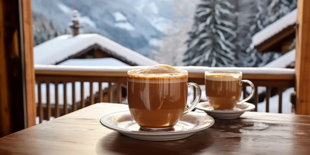 Editorial style image of two cups of Café Au Lait on a table inside a cabin in the French Alps overlooking a snowy scene outside