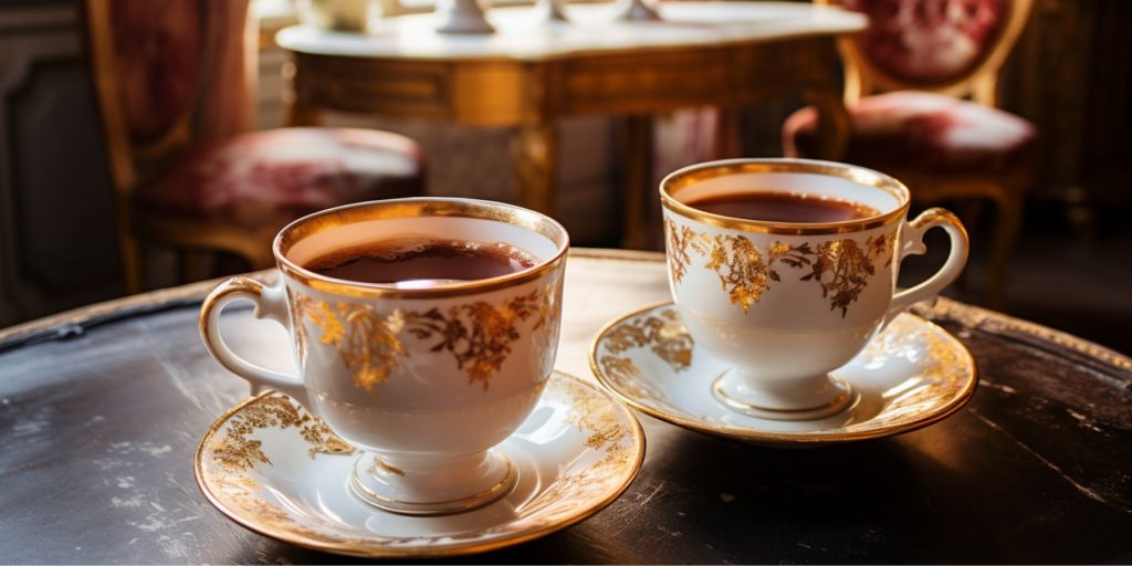 Editorial style image of two dainty cups of European-Style Hot Chocolate on a table inside a sumptuous room in Versailles