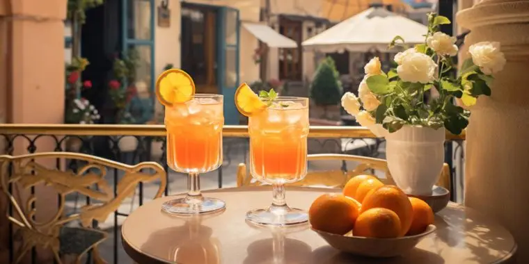 Editorial style image of two Orangina mocktails on a table outside of a quintessential French restaurant on a sunny day