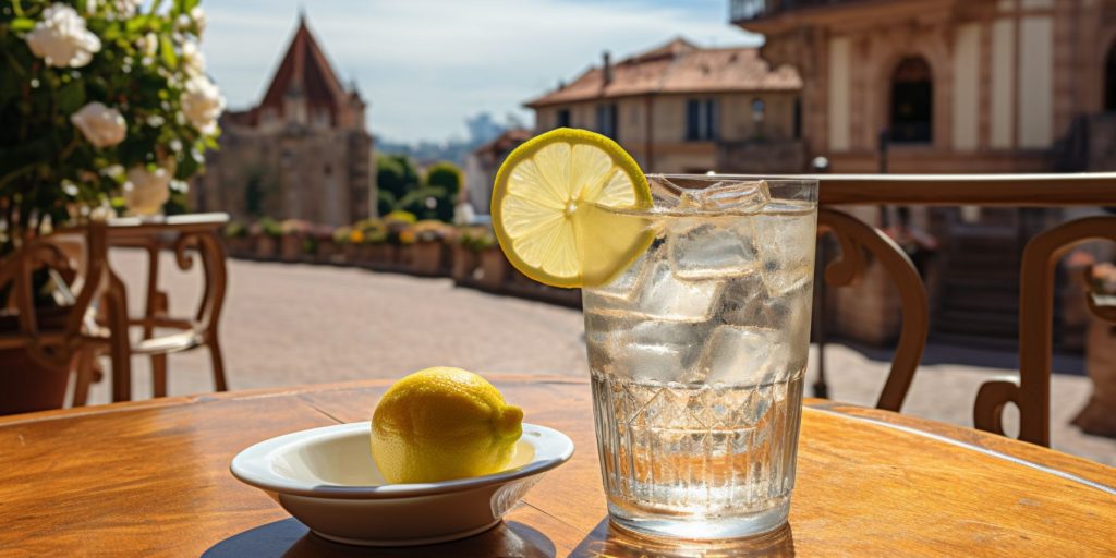 Editorial style image of a Gini Lemon mocktail on a table outside on a sunny day in a quaint French town square 