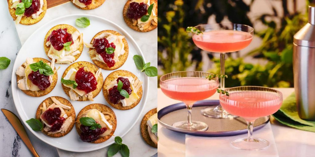 Cranberry and brie bites paired with Cosmopolitan cocktails