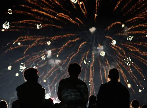 Wide shot of a group of people in sihouette watching New Years Eve fireworks at an NYE party
