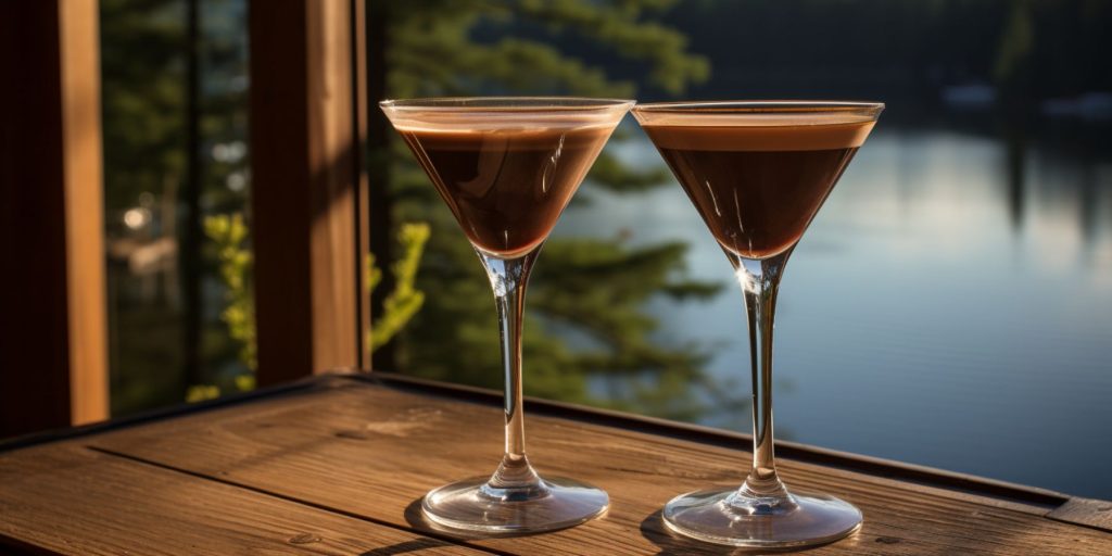 Two Non-Alcoholic Espresso Martinis on a table outside of a summer cabin overlooking lake scenery, summery, romantic