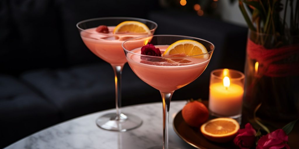 Two Olive Oil & Strawberry Lemon Mocktail cocktails on a table inside a modern home lounge with lit candles romantic atmosphere
