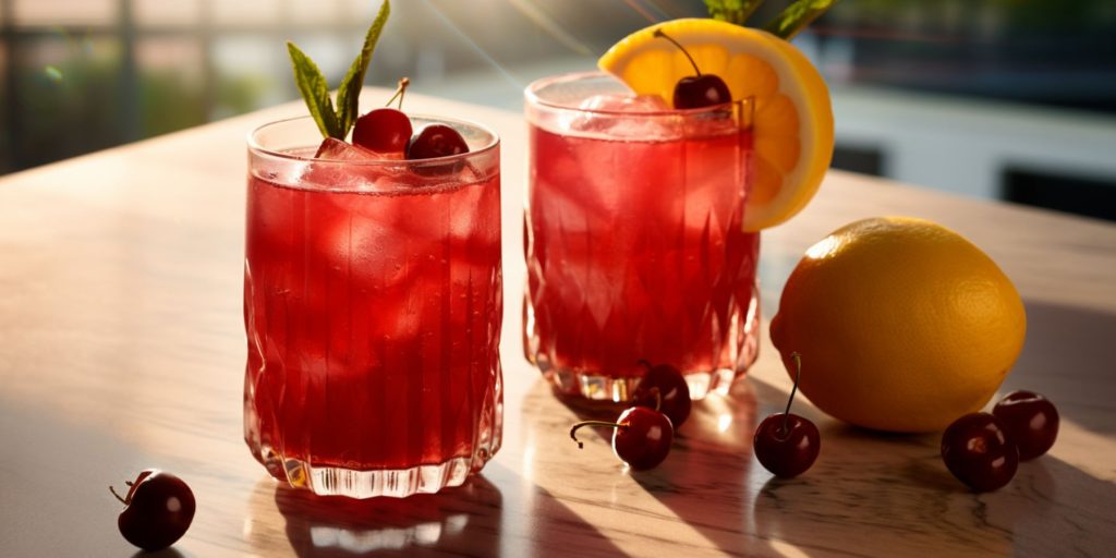 Two Sleepy Girl Mocktails on a table in a modern kitchen decorated in shades of red 