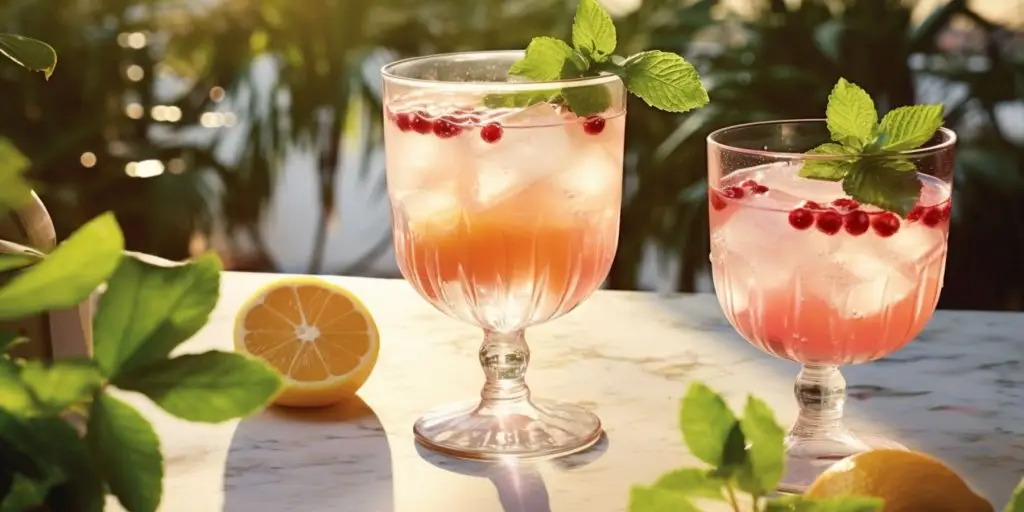 Two Sparkly Pomegranate Kombucha cocktails on a white tablecloth outside in a sunny courtyard with greenery everywhere