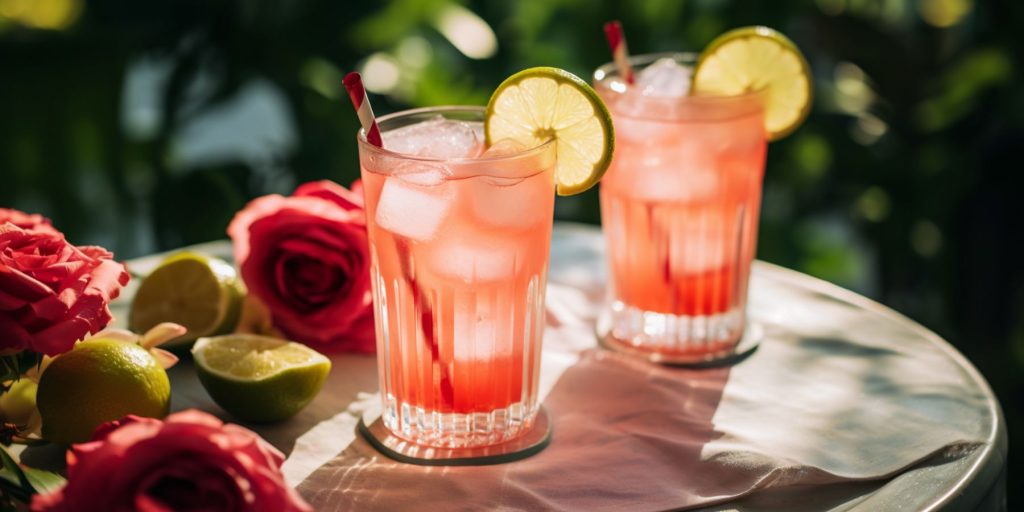 Two Virgin Strawberry Daiquiri Spritz cocktails on a table outside on a red tablecloth in a rose garden in daytime 