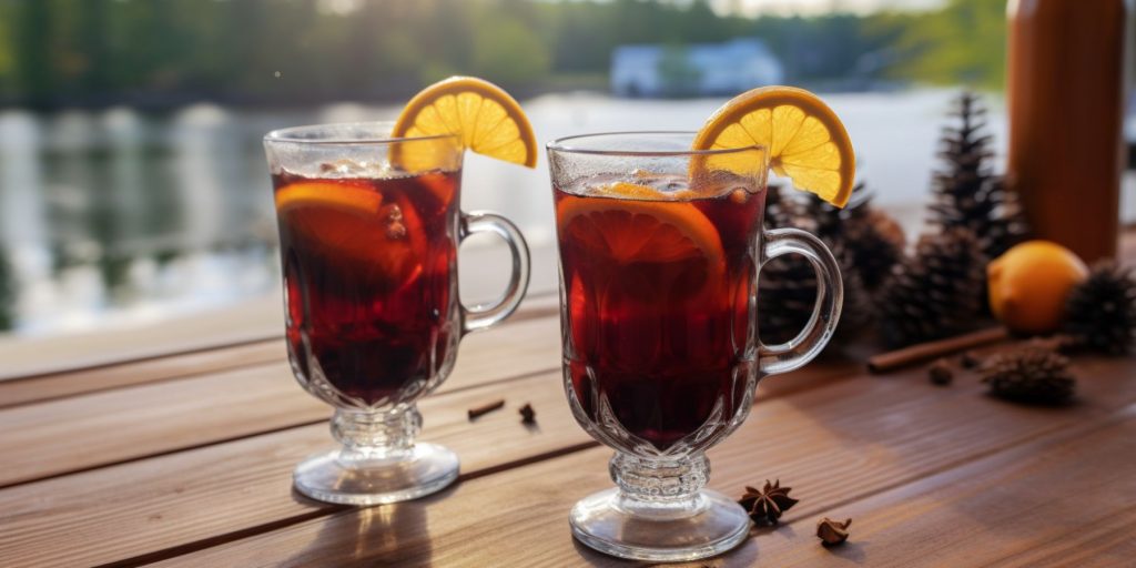 Two Mulled Hot Chocolate cocktails on a table outside on the veranda of a cabin overlooking a lake