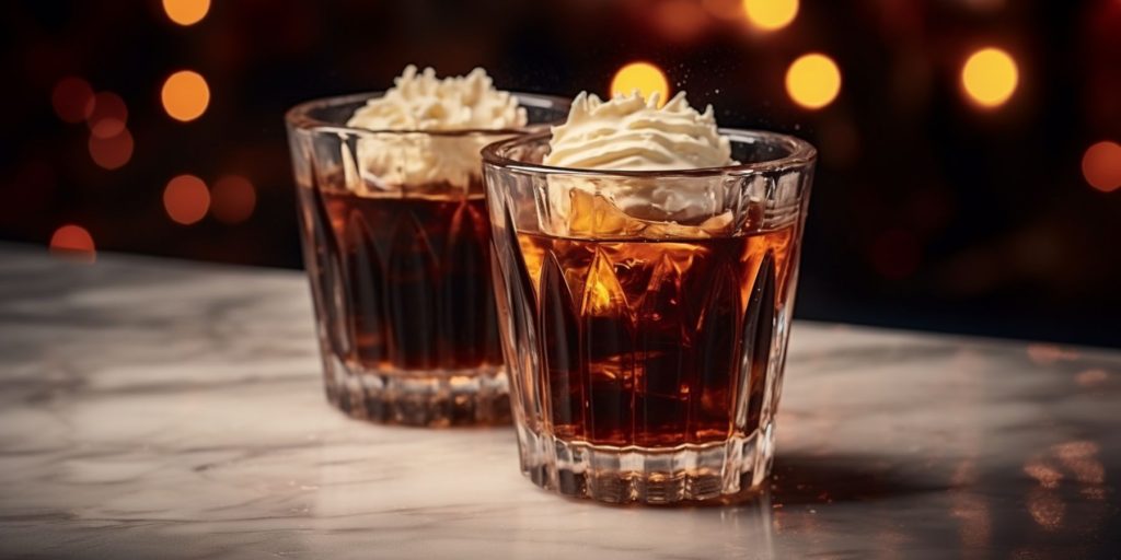 Two Viennese Chocolate Cake shots on a table in a cosy warm kitchen with snow falling outside the window