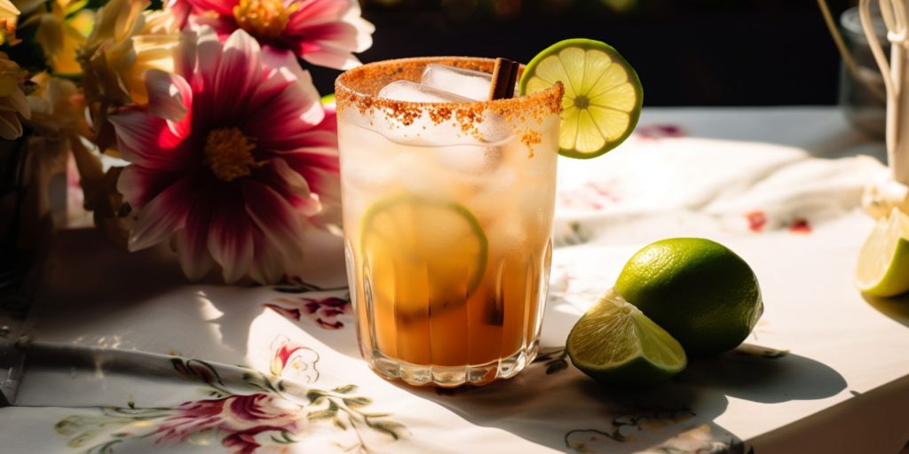 Apple Margarita Mocktail on a table outside on a floral tablecloth in a garden in daytime