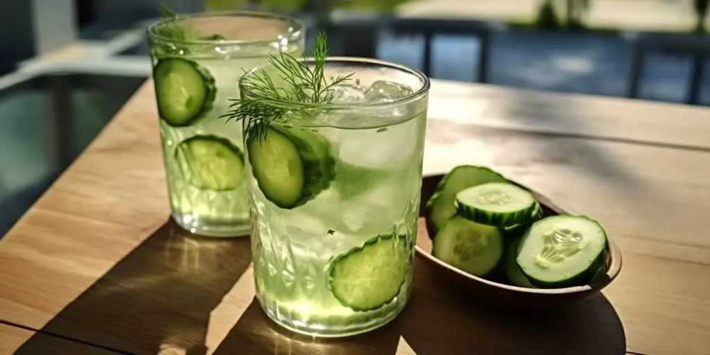 Two Cucumber & Dill Cooler mocktails outside on a table in a light, bright, modern outdoor kitchen setting