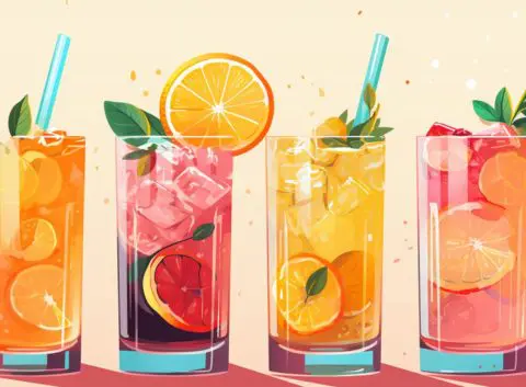 Vector illustration of a variety of low-sugar mocktails arranged on a flat pink surface, bright colors